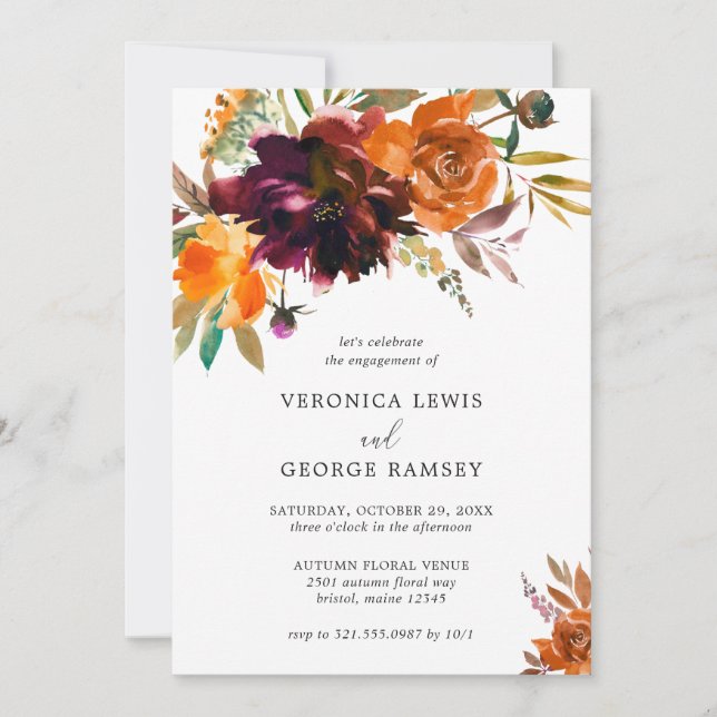 Invitation Brûlé Orange Bourgogne Automne Floral Engagement P (Devant)