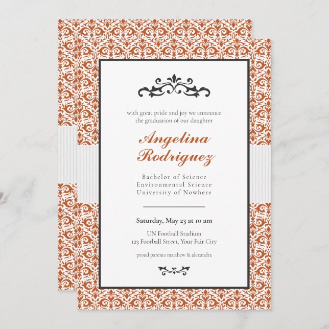 Invitation Brûlé Orange Damask Pattern Photo Graduation (Devant / Derrière)