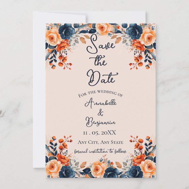Invitation Brûlé orange et floral de marine Sauvez la date (Devant)