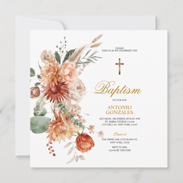 Invitation Brûlé Orange Floral Gold Cross Baptême Christening (Devant)