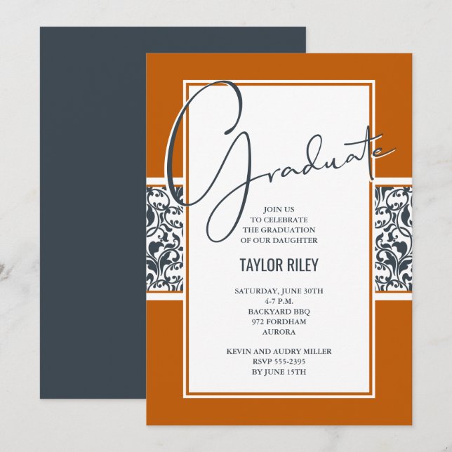 Invitation Brûlé Orange gris foncé Damas Graduation (Devant / Derrière)