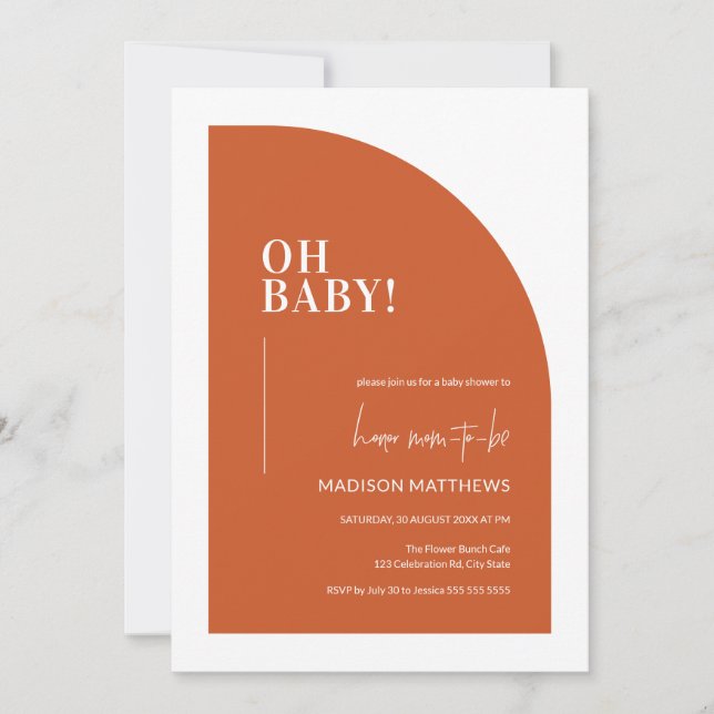 Invitation Brûlé Orange minimaliste demi-arc Oh Baby shower (Devant)