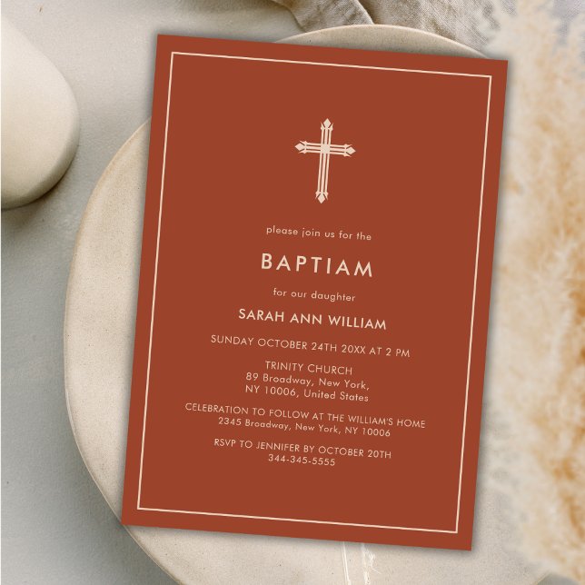 Invitation Brûlé Orange Or Typographie Croix Cadre Baptême (Burnt Orange Gold Typography Cross Frame Baptism Invitation)
