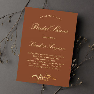 Invitation Brûlé oranger rouille or script douche nuptiale