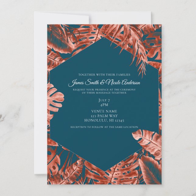 Invitation Brûlé Sienne et Turquoise Palm Feuille Mariage (Devant)