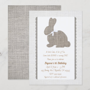 Invitation Brûlure gris blanc Lapin rustique Pâques 1er anniv