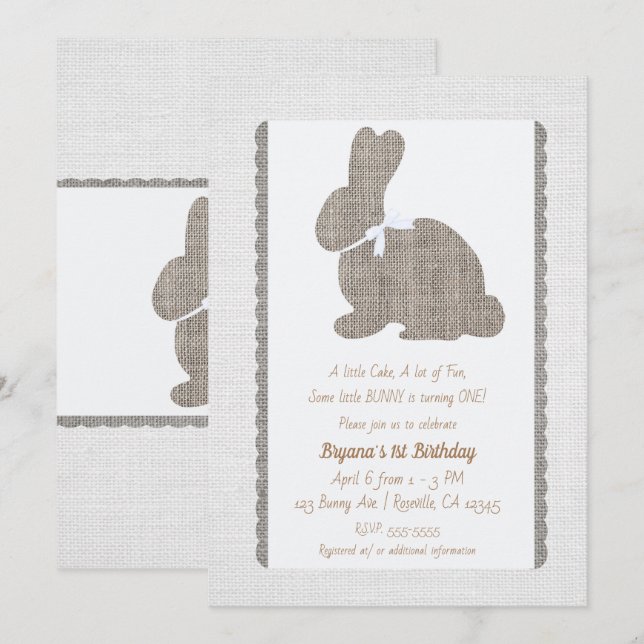 Invitation Brûlure gris blanc Lapin rustique Pâques 1er anniv (Devant / Derrière)