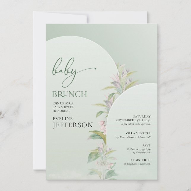 Invitation Brun bébé boho à la mode vert d'arc brun fleuri (Devant)