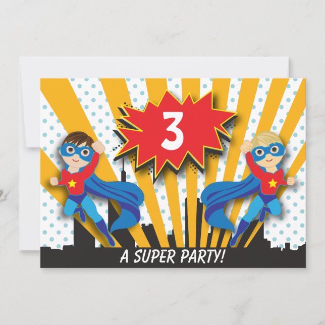 Invitation Brun de garçons de l'anniversaire | de super héros (Devant)