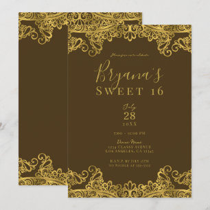 Invitation Brun et or dentelle élégant doux 16 fête de parti