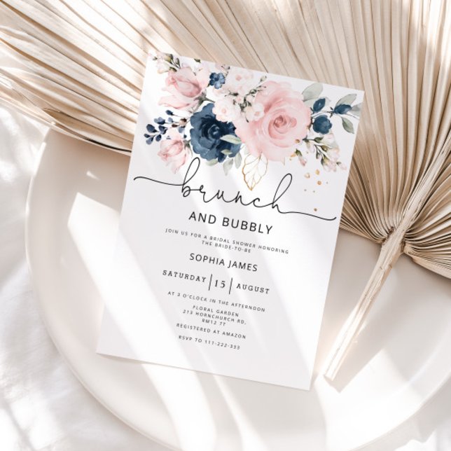 Invitation Brun floral broussailleux de la marine et douche à (Créateur téléchargé)