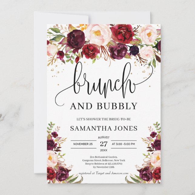 Invitation Brunch à fleurs bordeaux et marsala luxuriant (Devant)