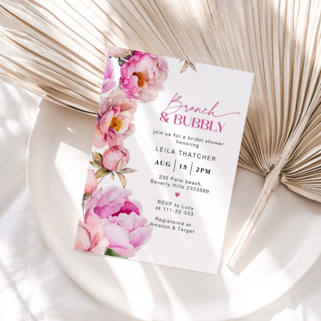 Invitation Brunch à fleurs rose vif et à bulle (Créateur téléchargé)