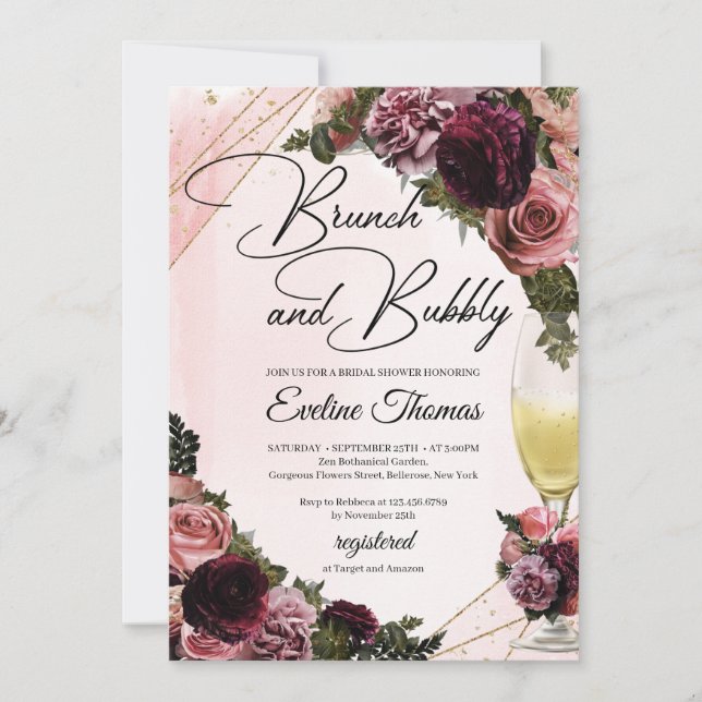 Invitation Brunch au champagne rose Maroon et mousseux (Devant)