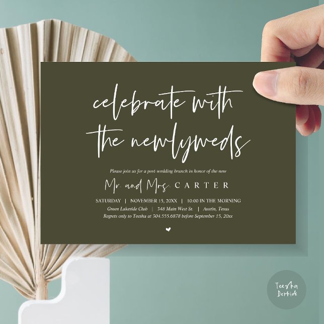 Invitation Brunch avec les jeunes mariés, après la fête de ma (Celebrate with the newlyweds, Wedding Brunch Invitation Card, PDF, in Olive Green)