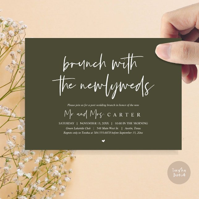 Invitation Brunch avec les jeunes mariés, mariage de poste, e (Brunch with the newlyweds, post wedding elopement invitation card, pdf, in olive green)