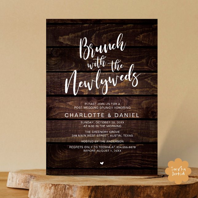 Invitation Brunch avec les jeunes mariés, Mariage Elopement (Brunch with the newlyweds, Post Wedding Elopement Invitation Card PDF Cottage Dark Wood Background)