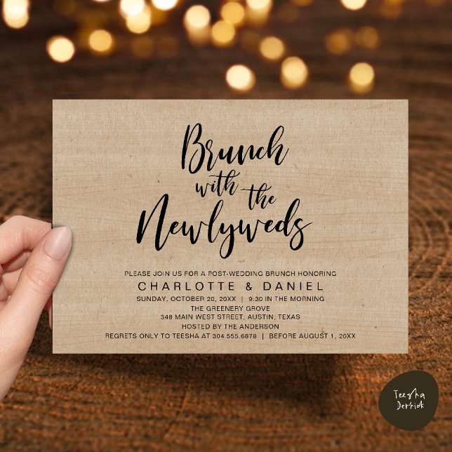 Invitation Brunch avec les jeunes mariés, Mariage Elopement (Brunch with the newlyweds, Post Wedding Elopement Invitation Card PDF Cottage Brown Wood Background)