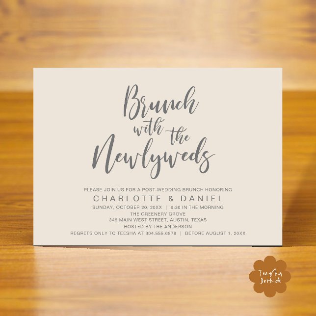 Invitation Brunch avec les jeunes mariés, Mariage Elopement (Brunch with the newlyweds, Post Wedding Elopement Invitation Card PDF Cream Grey)