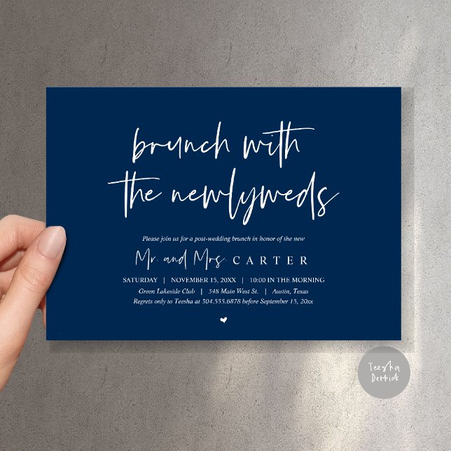 Invitation Brunch avec les jeunes mariés, mariage post, bleu  (Brunch with the newlyweds, post wedding elopement invitation card, pdf, in navy blue)