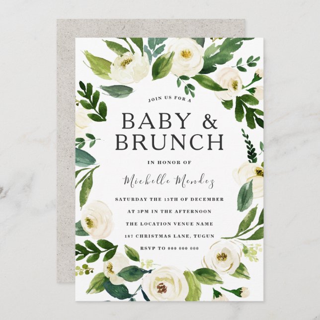 Invitation Brunch Baby shower de germe blanc (Devant / Derrière)