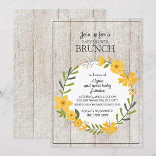 Invitation Brunch Baby Shower Floral Jaune Bois Rustique