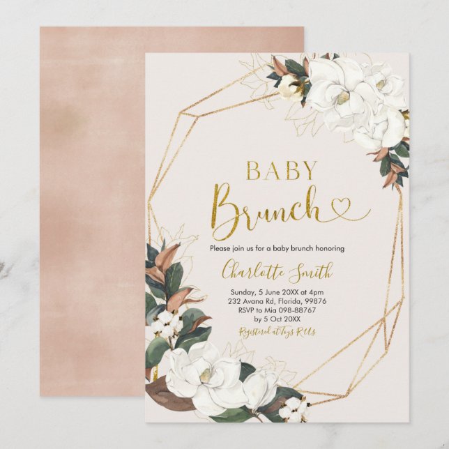 Invitation Brunch Bébé Magnolia Blanc Géométrique (Devant / Derrière)