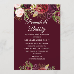 Invitation Brunch bordeaux floral et Fête des mariées bulle
