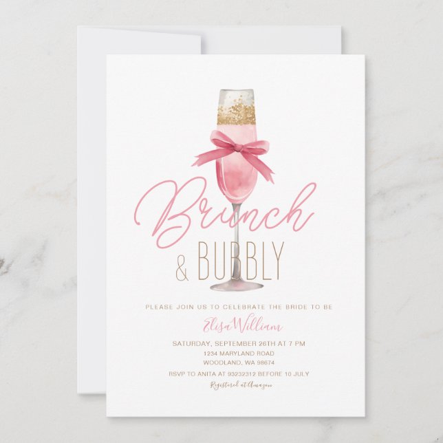 Invitation Brunch Bow rose Champagne & Fête des mariées Bubbl (Devant)