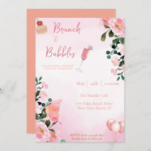 Invitation Brunch & Bubbles Fête des Mères Brunch Pink Floral