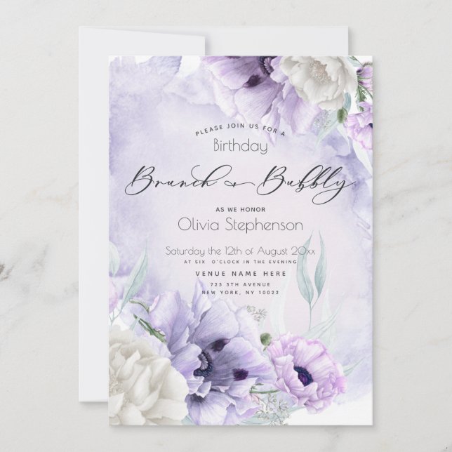 Invitation Brunch Bubbly Anniversaire Lilac Poppy (Devant)