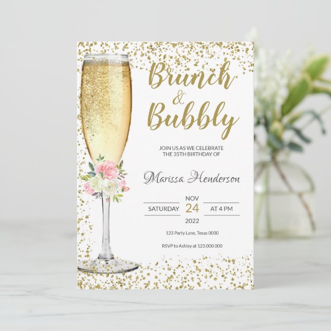 Invitation Brunch & Bubbly Anniversaire rose Floral Invitatio (Debout devant)