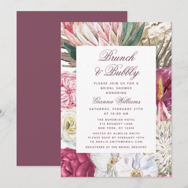 Invitation Brunch & Bubbly Aquarelle Fête des mariées florale (Devant / Derrière)