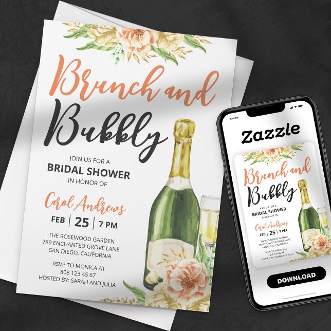 Invitation Brunch & Bubbly Aquarelle Fête des mariées florale (Créateur téléchargé)