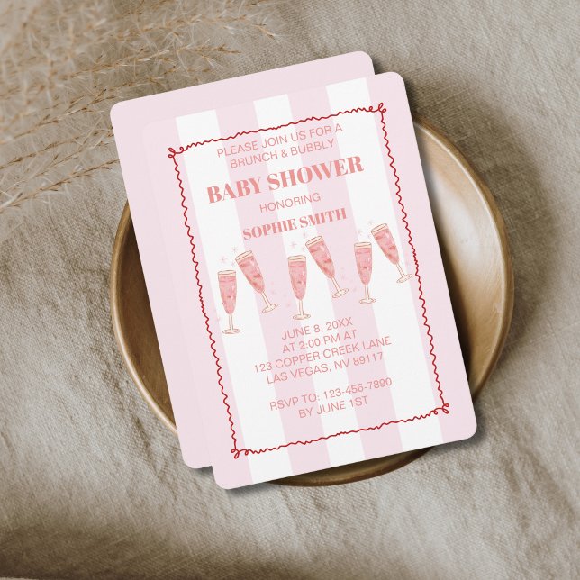 Invitation Brunch & Bubbly Baby shower rose et rouge (Créateur téléchargé)