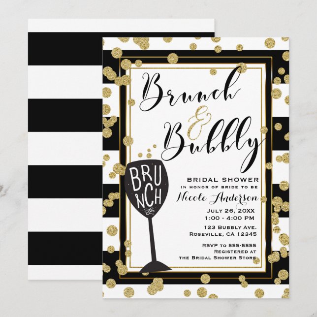 Invitation Brunch & Bubbly Black White Stripes Gold Confetti (Devant / Derrière)