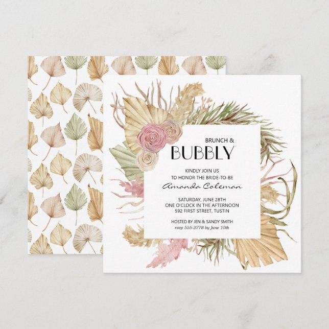 Invitation Brunch Bubbly Boho Fête des mariées Feuille (Devant / Derrière)