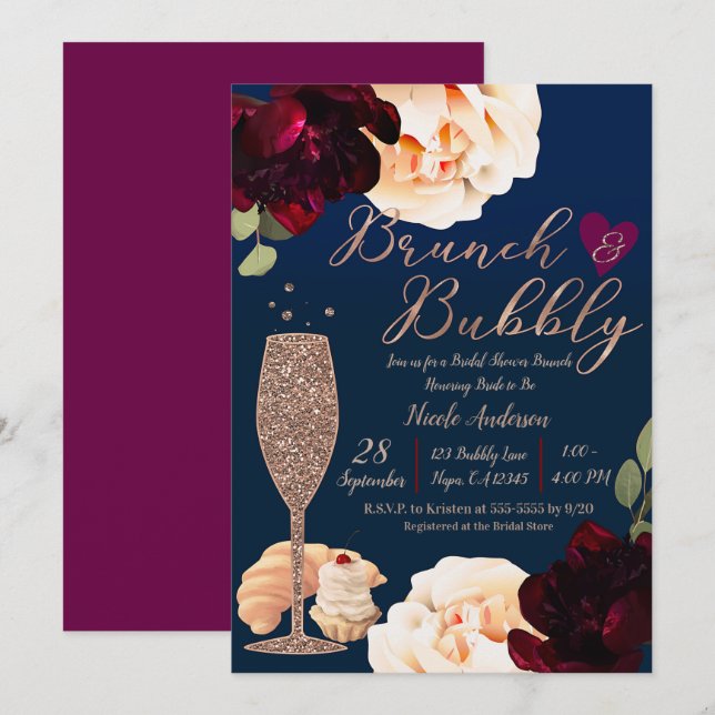 Invitation Brunch & Bubbly Champagne Fête des mariées bleu fo (Devant / Derrière)