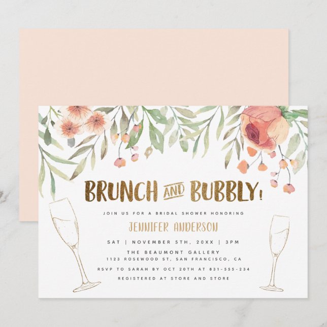 Invitation Brunch & Bubbly Champagne & Gold Fête de l'mariée (Devant / Derrière)