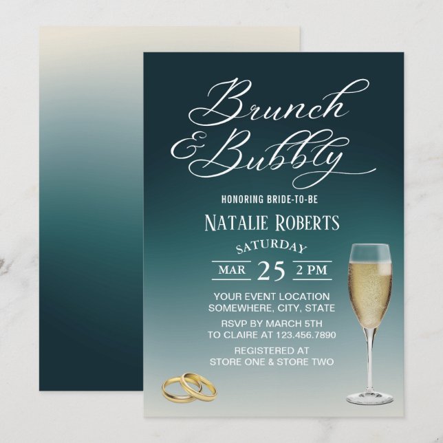 Invitation Brunch & Bubbly Elegant Turquoise Ombre Fête des m (Devant / Derrière)