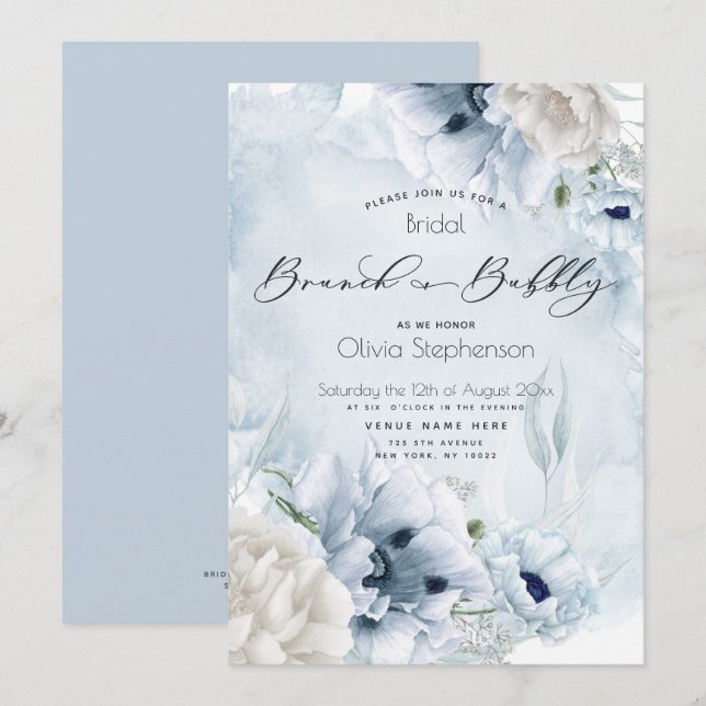 Invitation Brunch Bubbly Fête des mariées Aquarelle Bleu Fleu (Devant / Derrière)