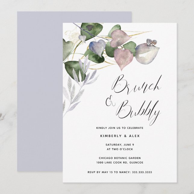 Invitation Brunch Bubbly Fête des mariées aquarelle Eucalyptu (Devant / Derrière)
