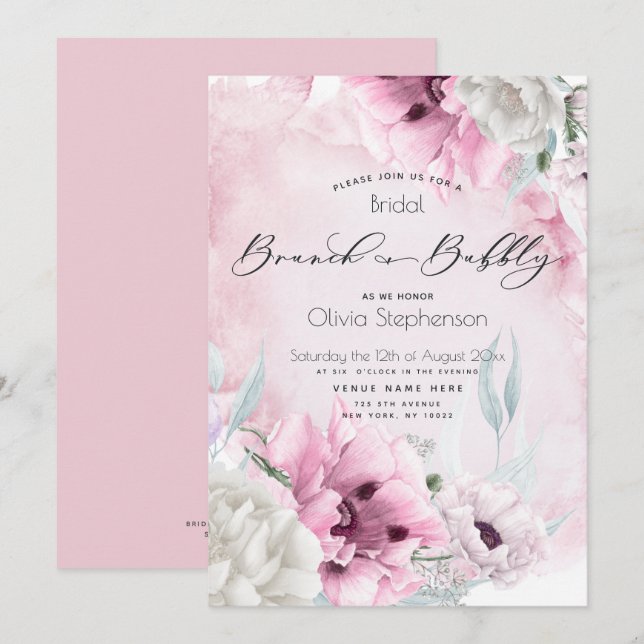 Invitation Brunch Bubbly Fête des mariées Aquarelle Pink Popp (Devant / Derrière)