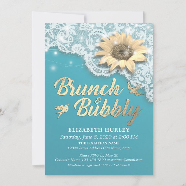 Invitation Brunch Bubbly Fête des mariées dentelle soleil lum (Devant)