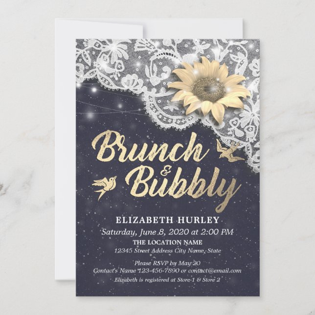 Invitation Brunch Bubbly Fête des mariées dentelle soleil lum (Devant)