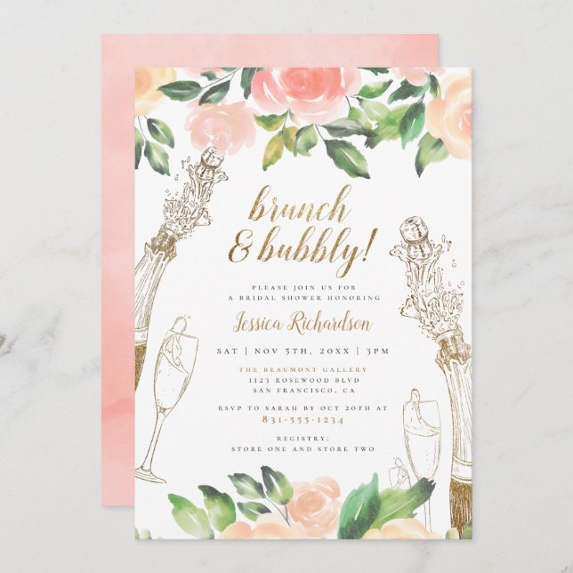 Invitation Brunch & Bubbly | Fête des mariées Florale Champag (Devant / Derrière)
