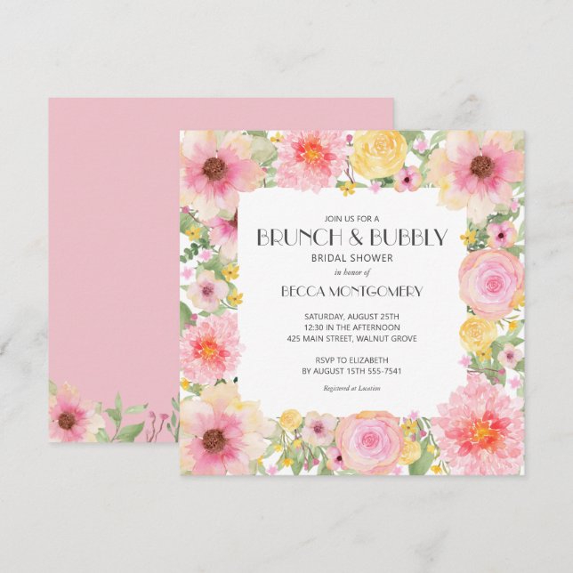 Invitation Brunch Bubbly Fête des mariées florale rose (Devant / Derrière)