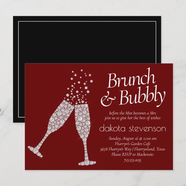 Invitation Brunch Bubbly | Fête des mariées noir noir foncé (Devant / Derrière)