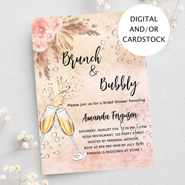 Invitation Brunch Bubbly Fête des mariées rose pampas herbe (Créateur téléchargé)