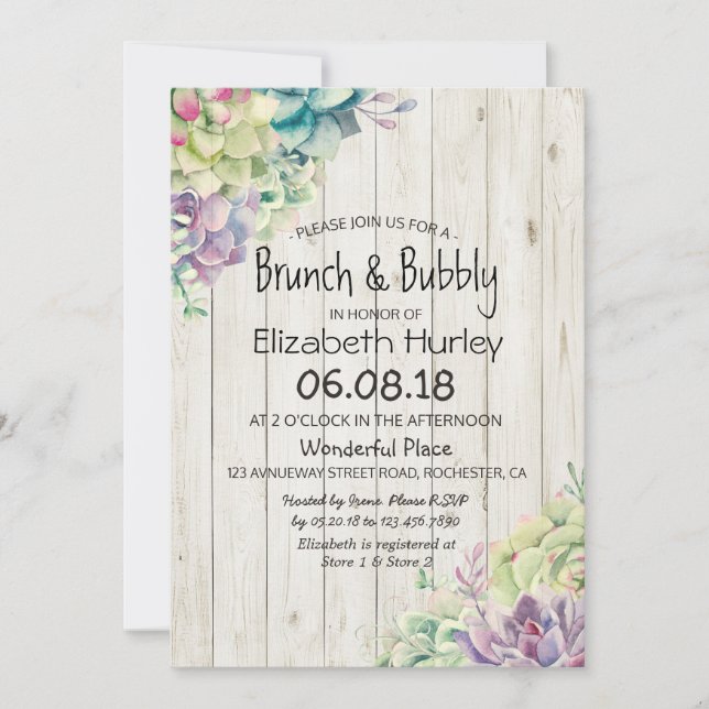 Invitation Brunch Bubbly Fête des mariées Succulent Bois rust (Devant)